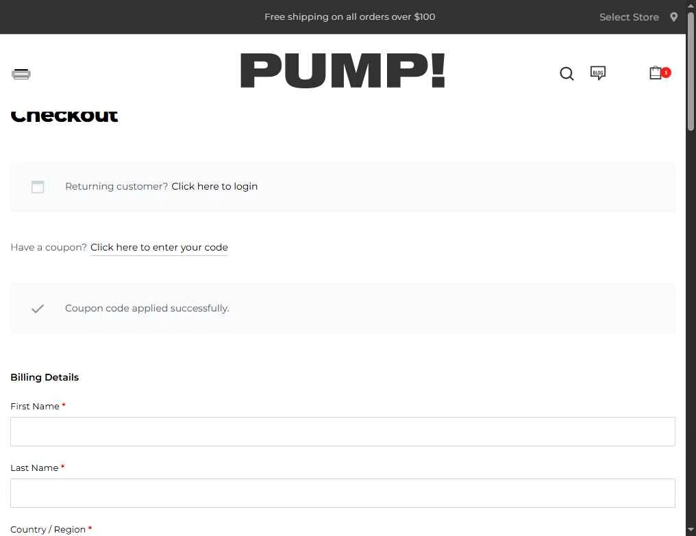 Pump checkout page showing Pump promo code box | Screenshot taken by SimplyCodes community member on Aug 15, 2025