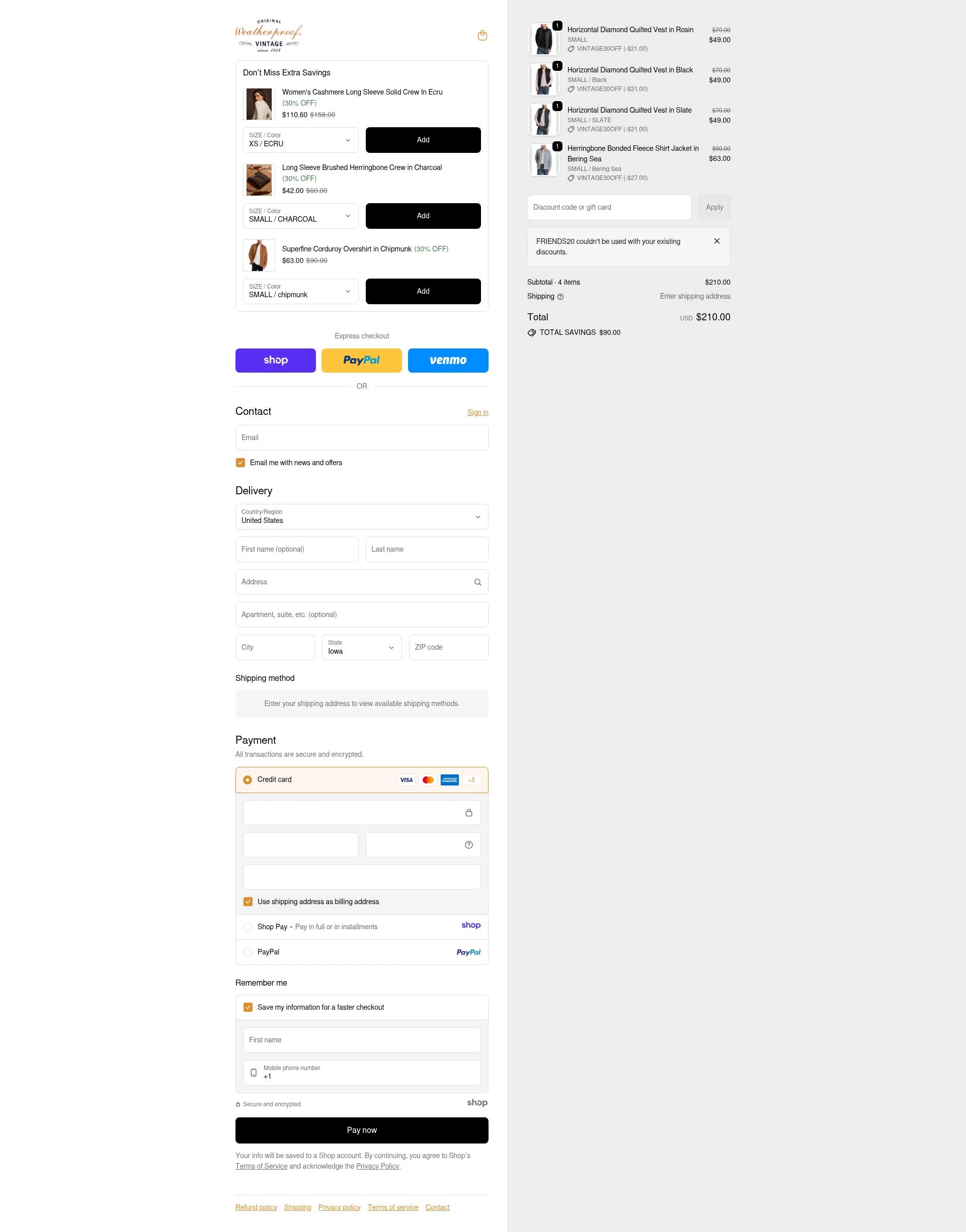 Weatherproof Vintage checkout page showing Weatherproof Vintage promo code box | Screenshot taken by SimplyCodes community member on Dec 23, 2025