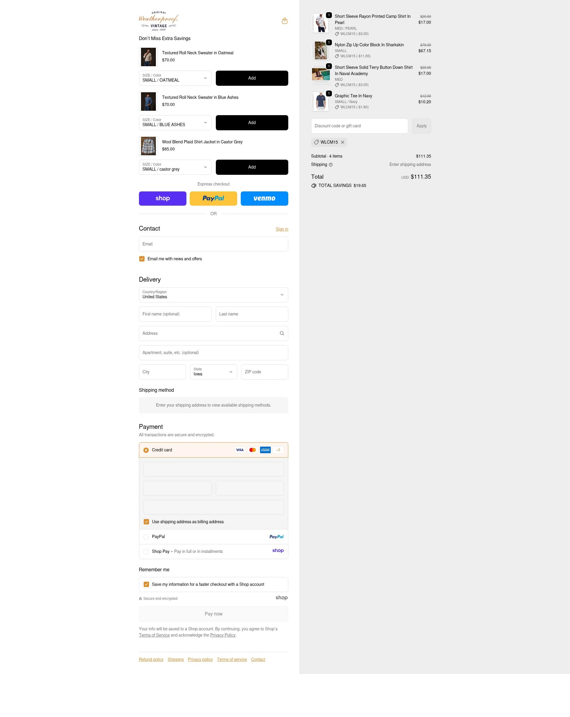 Weatherproof Vintage checkout page showing Weatherproof Vintage promo code box | Screenshot taken by SimplyCodes community member on Dec 11, 2025
