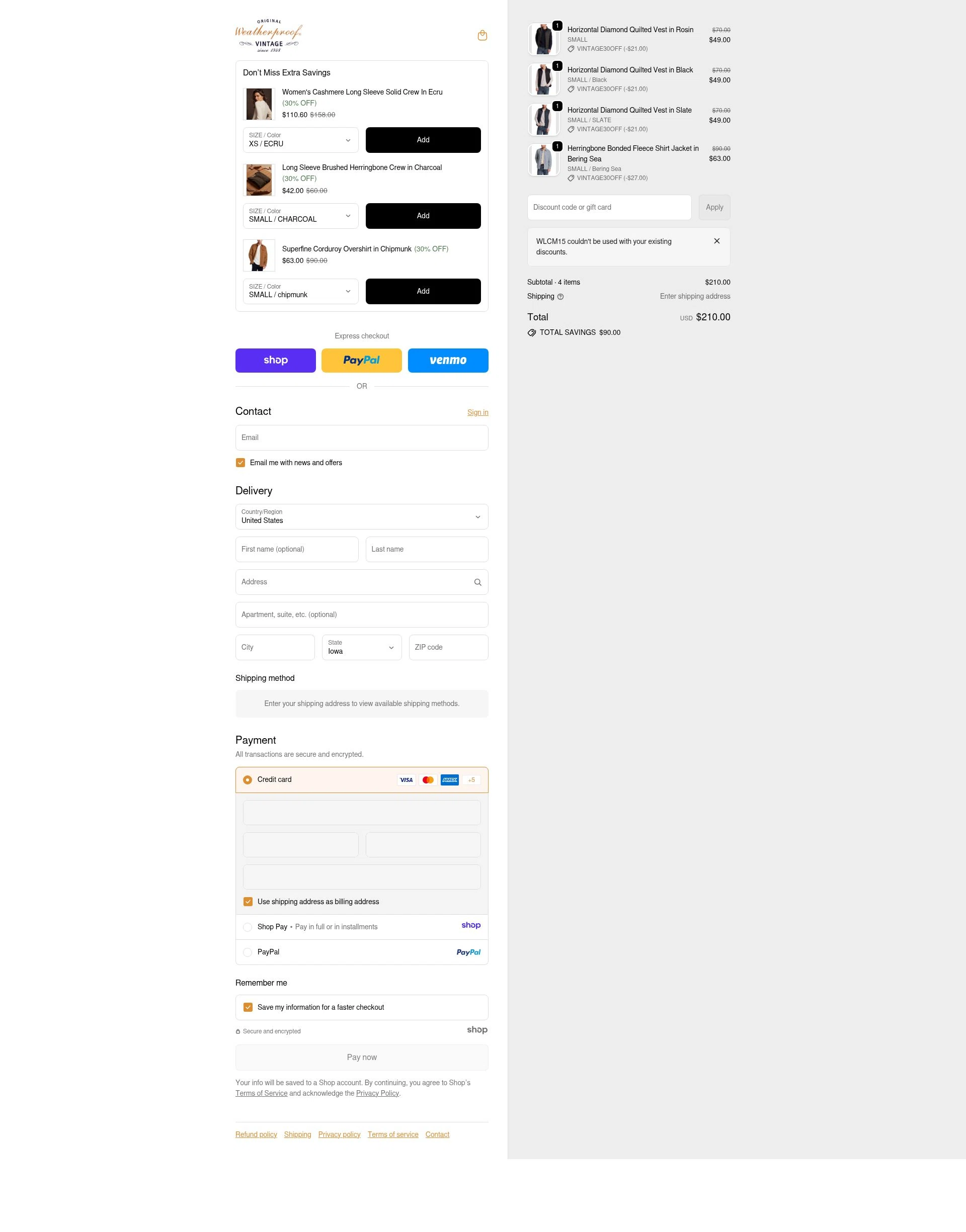 Weatherproof Vintage checkout page showing Weatherproof Vintage promo code box | Screenshot taken by SimplyCodes community member on Dec 23, 2025