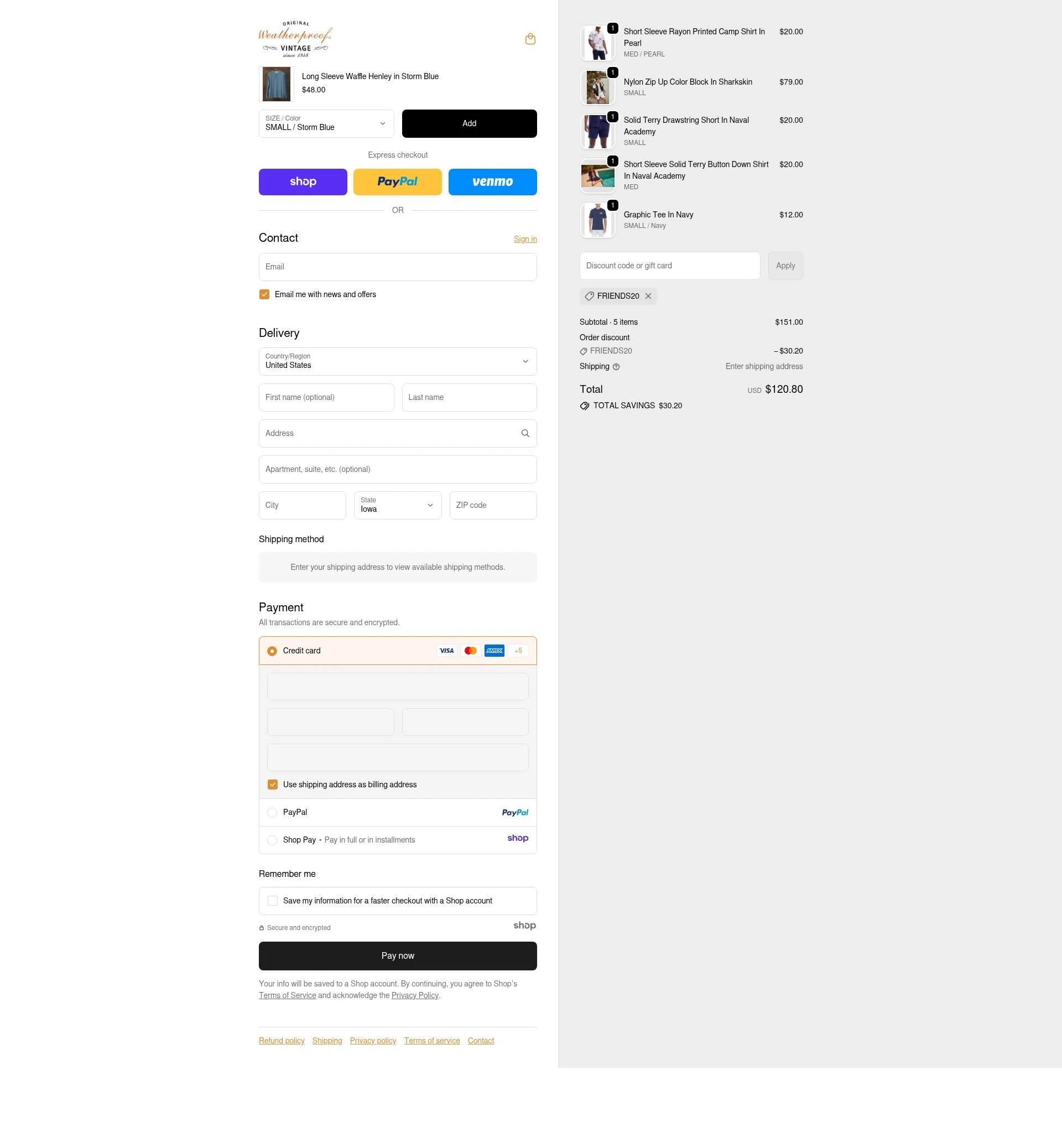 Weatherproof Vintage checkout page showing Weatherproof Vintage promo code box | Screenshot taken by SimplyCodes community member on Dec 5, 2025