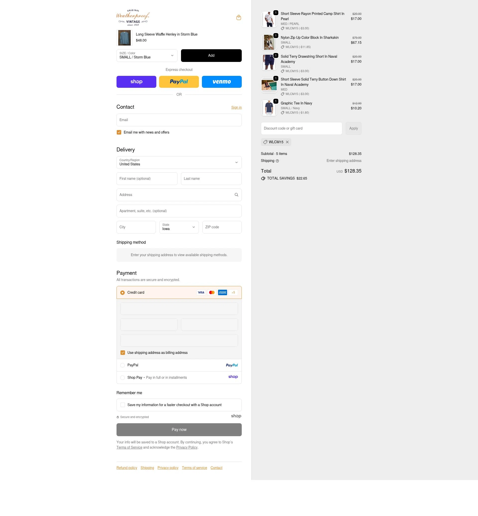 Weatherproof Vintage checkout page showing Weatherproof Vintage promo code box | Screenshot taken by SimplyCodes community member on Dec 5, 2025