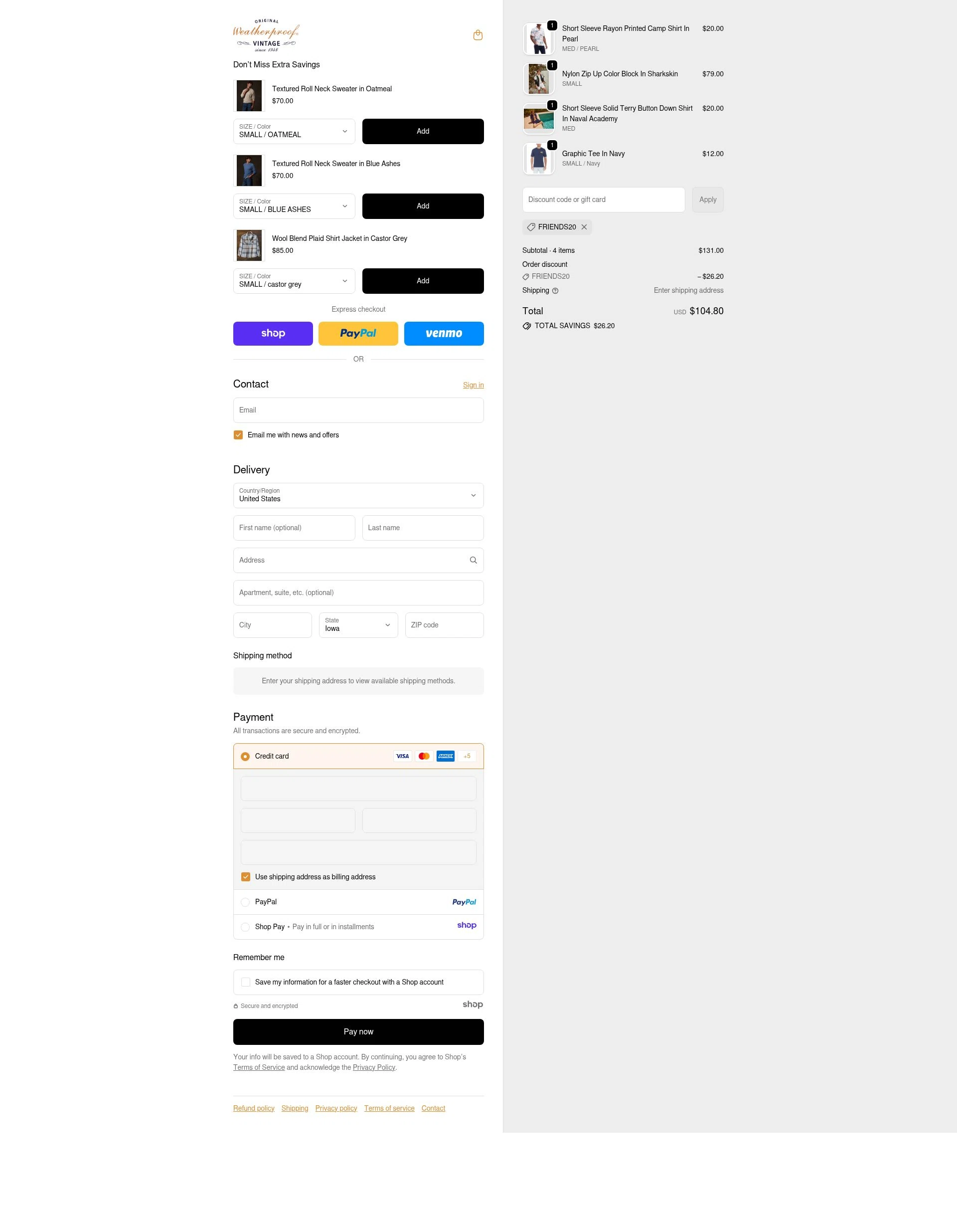 Weatherproof Vintage checkout page showing Weatherproof Vintage promo code box | Screenshot taken by SimplyCodes community member on Dec 11, 2025