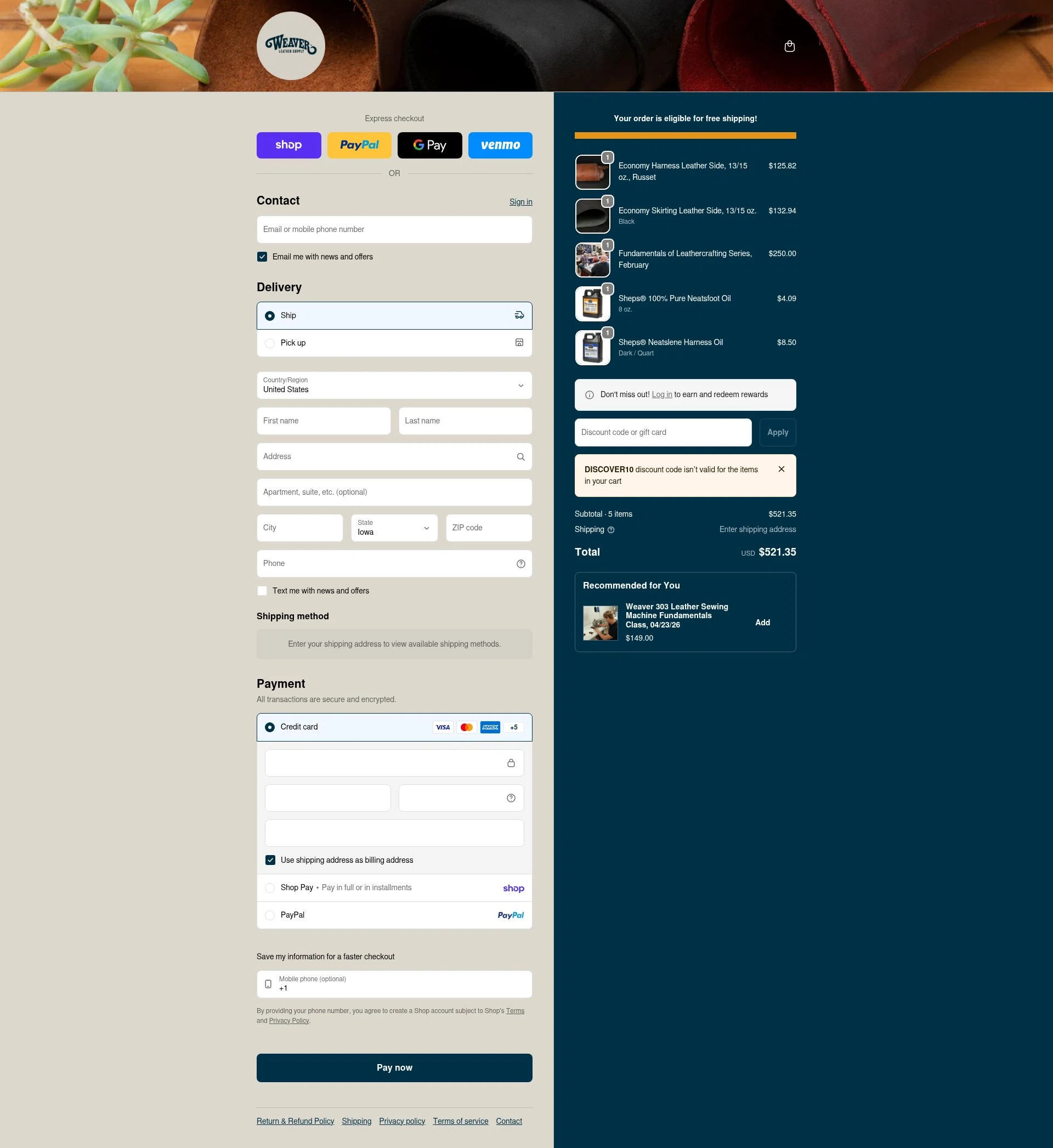 Weaver Leather Supply checkout page showing Weaver Leather Supply discount code box | Screenshot taken by SimplyCodes community member on Feb 7, 2026