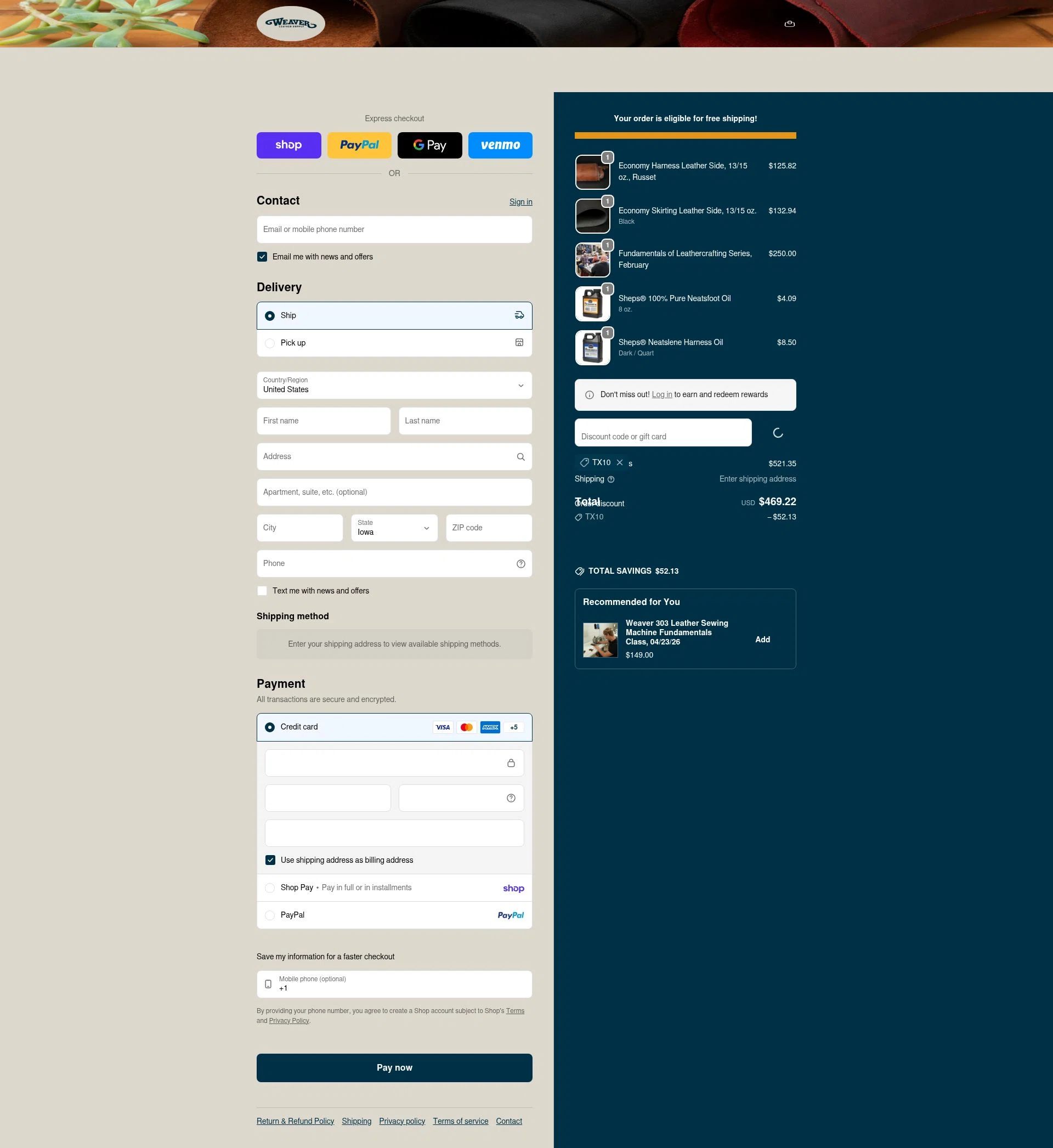 Weaver Leather Supply checkout page showing Weaver Leather Supply discount code box | Screenshot taken by SimplyCodes community member on Feb 7, 2026
