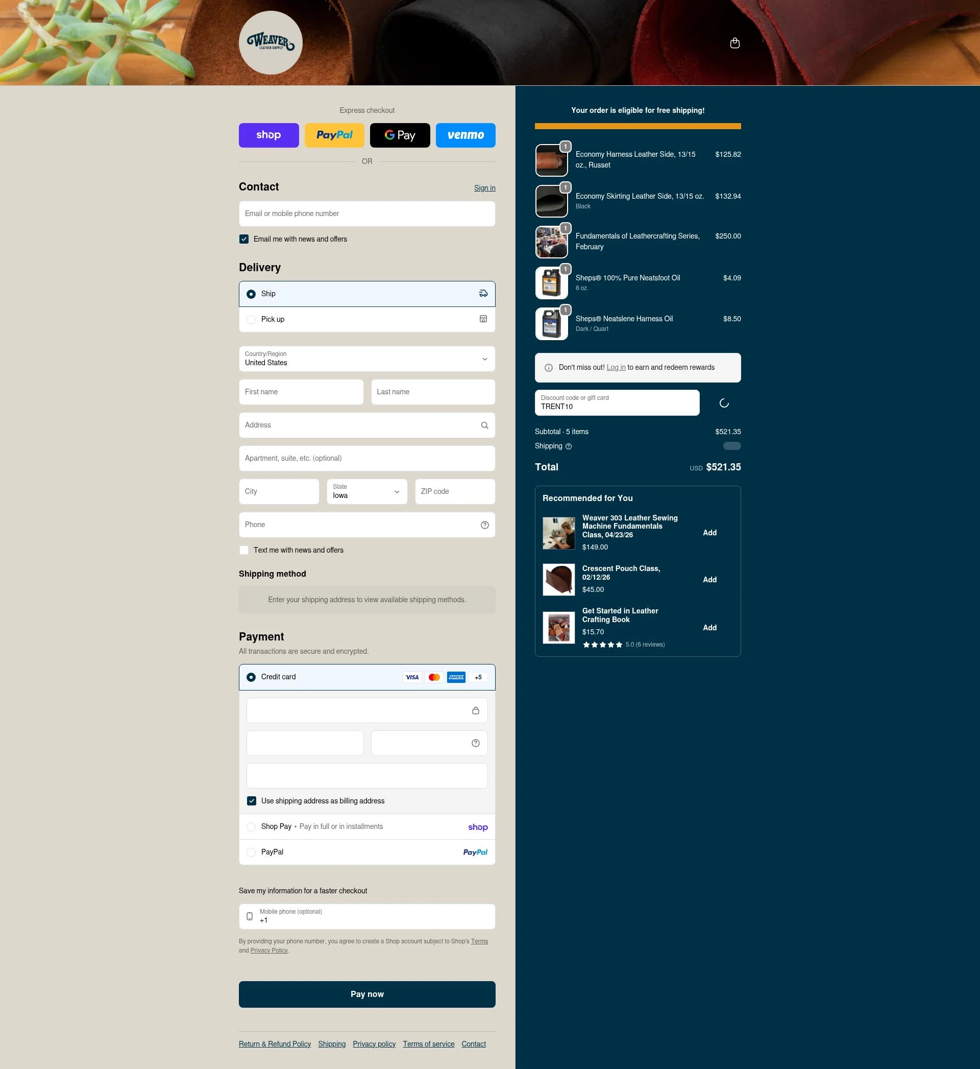 Weaver Leather Supply checkout page showing Weaver Leather Supply discount code box | Screenshot taken by SimplyCodes community member on Feb 3, 2026