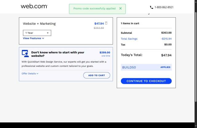 Web.com checkout page showing Web.com promo code box | Screenshot taken by SimplyCodes community member on Jun 4, 2025