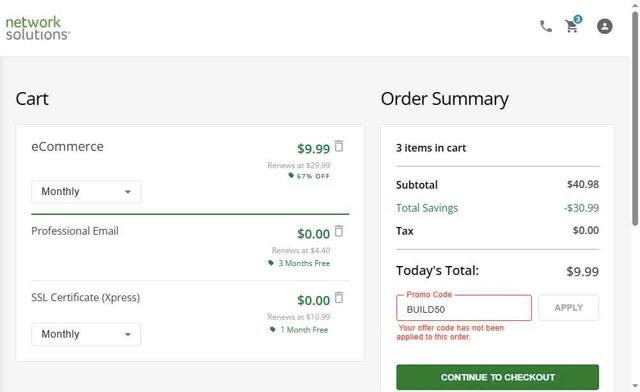 Web.com checkout page showing Web.com promo code box | Screenshot taken by SimplyCodes community member on Jul 3, 2025