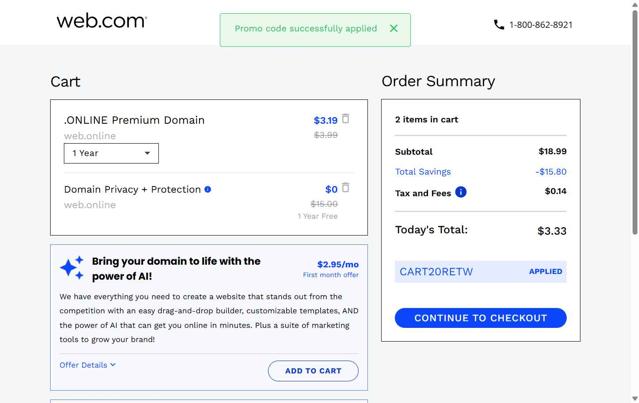 Web.com checkout page showing Web.com promo code box | Screenshot taken by SimplyCodes community member on May 26, 2025