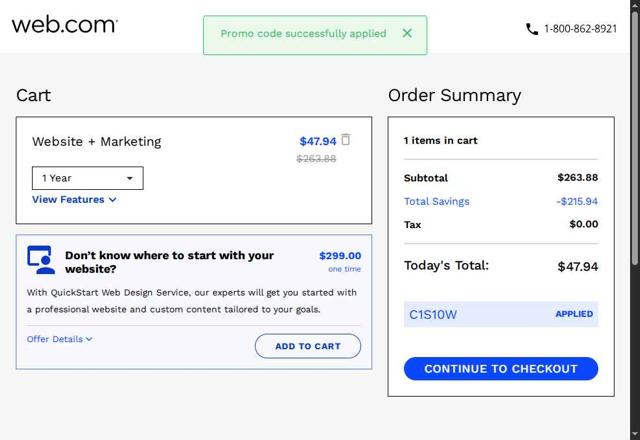 Web.com checkout page showing Web.com promo code box | Screenshot taken by SimplyCodes community member on Jun 6, 2025