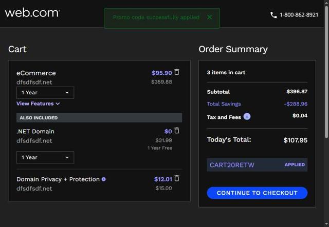 Web.com checkout page showing Web.com promo code box | Screenshot taken by SimplyCodes community member on May 26, 2025