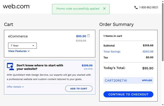 Web.com checkout page showing Web.com promo code box | Screenshot taken by SimplyCodes community member on May 26, 2025