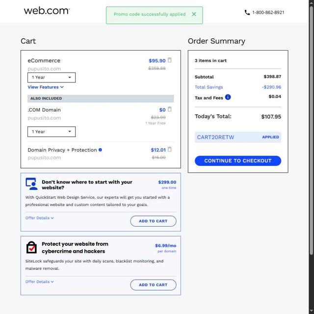 Web.com checkout page showing Web.com promo code box | Screenshot taken by SimplyCodes community member on Jun 6, 2025