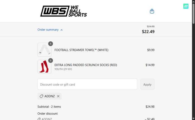 We Ball Sports checkout page showing We Ball Sports discount code box | Screenshot taken by SimplyCodes community member on Sep 15, 2025