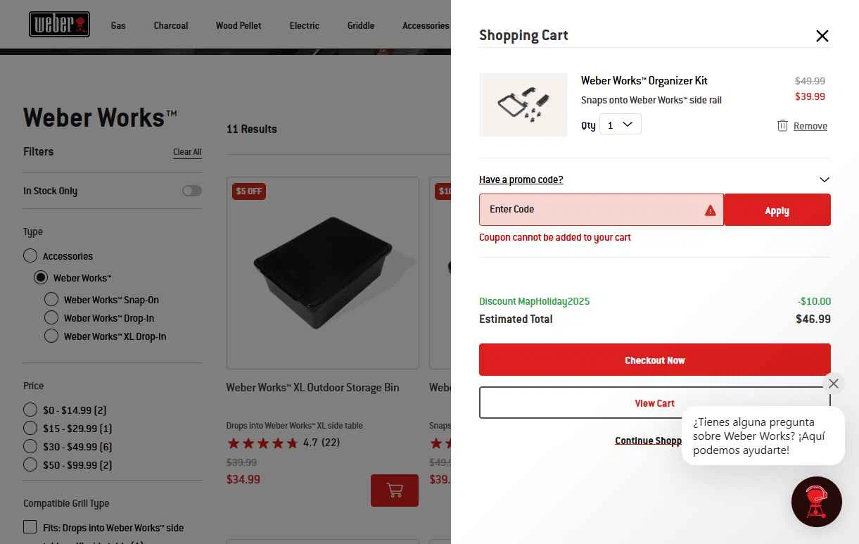 Weber checkout page showing Weber promo code box | Screenshot taken by SimplyCodes community member on May 9, 2025