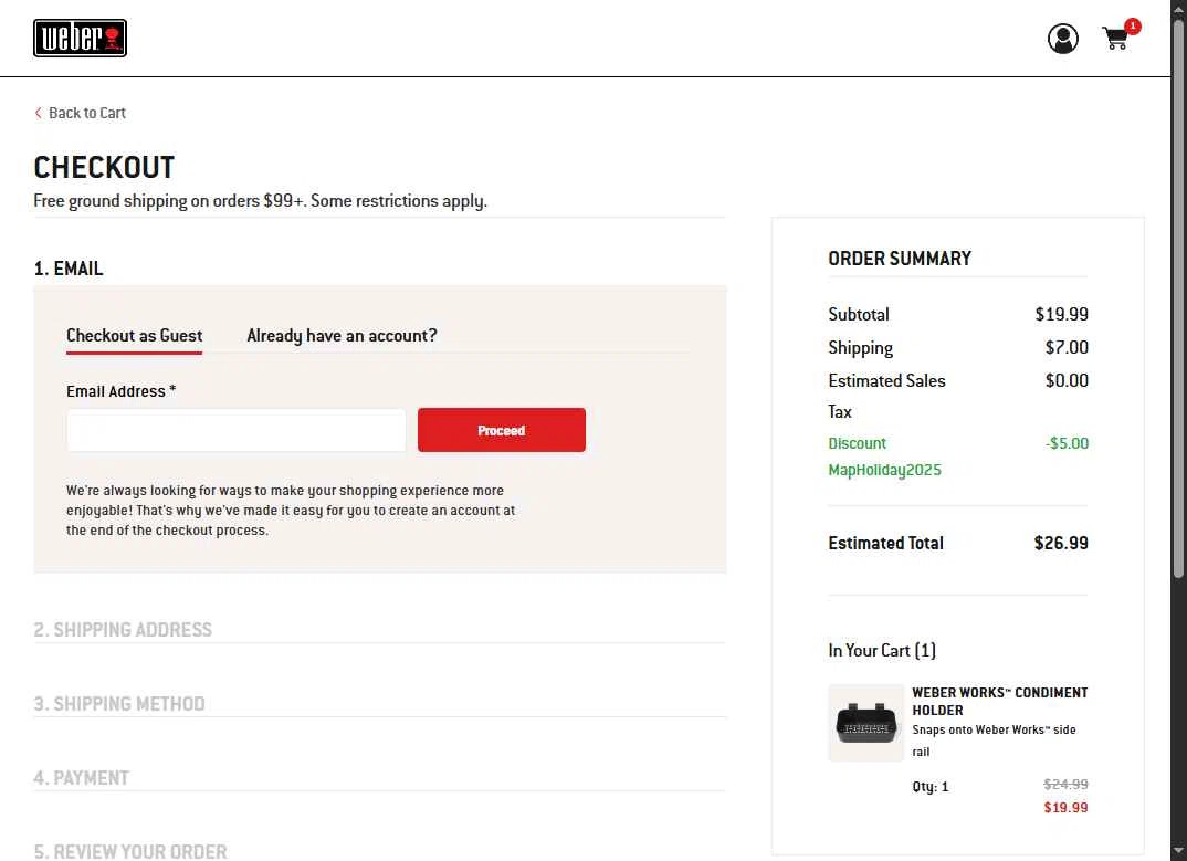 Weber checkout page showing Weber promo code box | Screenshot taken by SimplyCodes community member on Apr 29, 2025