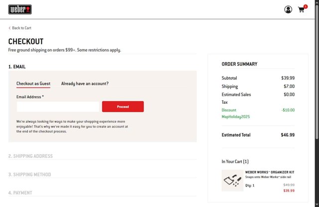 Weber checkout page showing Weber promo code box | Screenshot taken by SimplyCodes community member on May 9, 2025