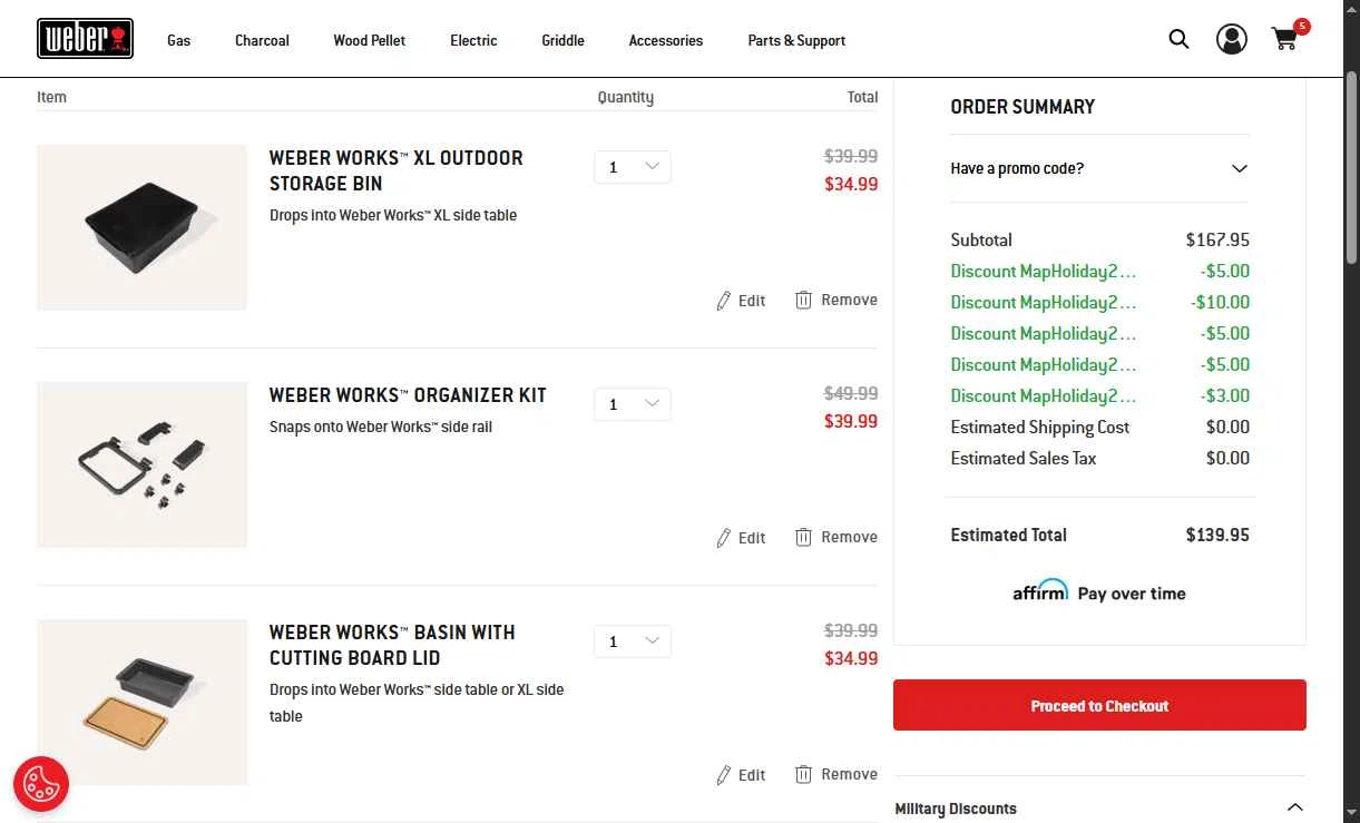 Weber checkout page showing Weber promo code box | Screenshot taken by SimplyCodes community member on May 9, 2025