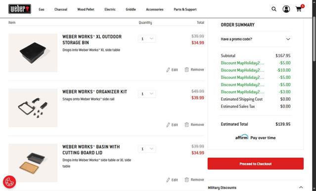 Weber checkout page showing Weber promo code box | Screenshot taken by SimplyCodes community member on May 9, 2025