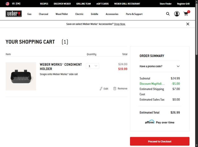 Weber checkout page showing Weber promo code box | Screenshot taken by SimplyCodes community member on Apr 25, 2025