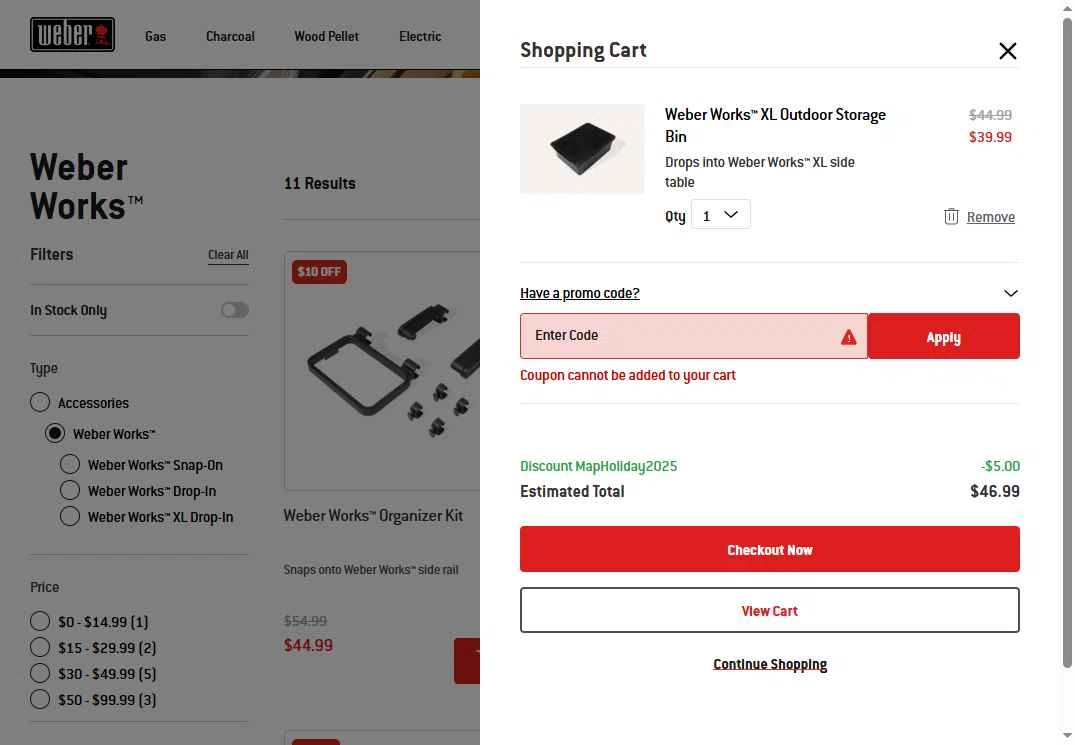 Weber checkout page showing Weber promo code box | Screenshot taken by SimplyCodes community member on May 2, 2025