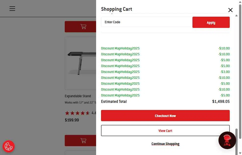 Weber checkout page showing Weber promo code box | Screenshot taken by SimplyCodes community member on May 9, 2025