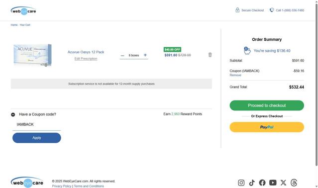 Web Eye Care checkout page showing Web Eye Care promo code box | Screenshot taken by SimplyCodes community member on Aug 28, 2025