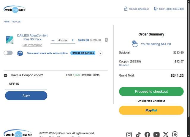 Web Eye Care checkout page showing Web Eye Care promo code box | Screenshot taken by SimplyCodes community member on Aug 28, 2025