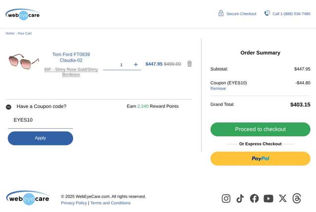 Web Eye Care checkout page showing Web Eye Care promo code box | Screenshot taken by SimplyCodes community member on Sep 11, 2025