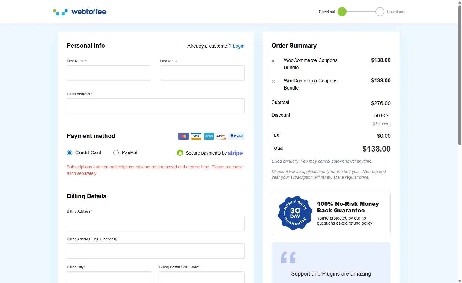WebToffee checkout page showing WebToffee discount code box | Screenshot taken by SimplyCodes community member on Aug 22, 2025