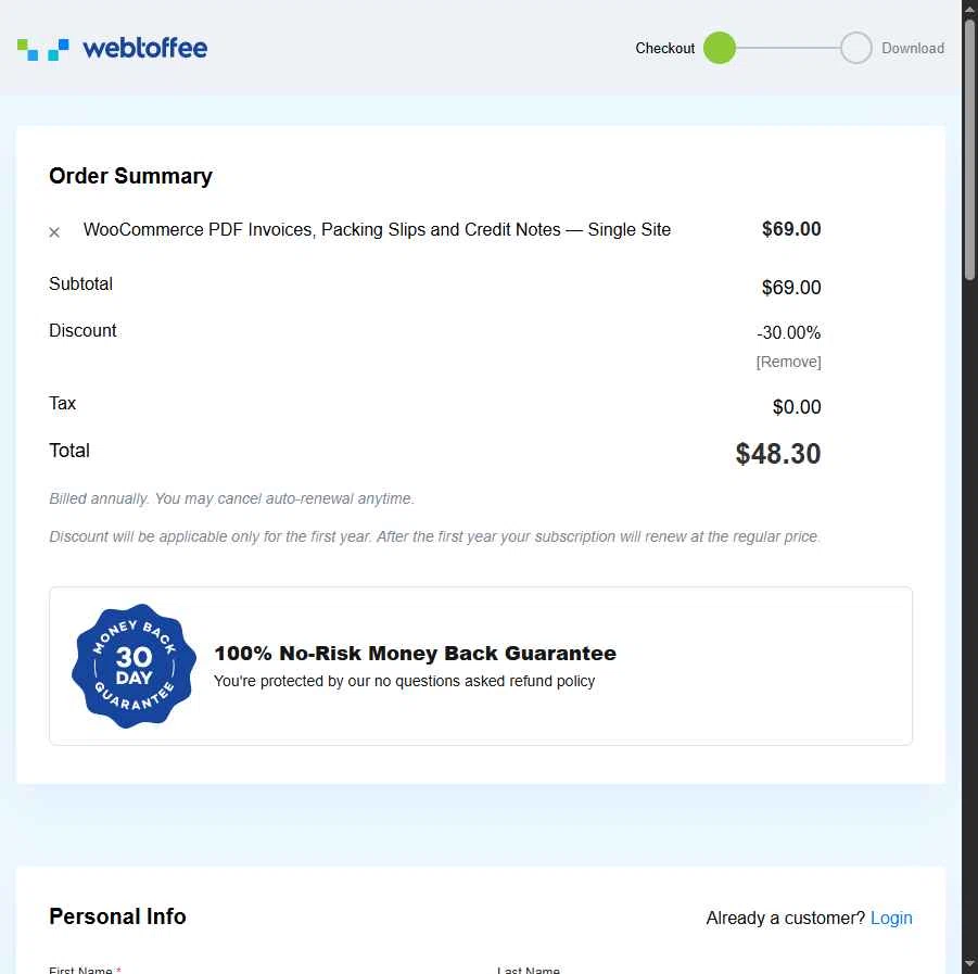 WebToffee checkout page showing WebToffee discount code box | Screenshot taken by SimplyCodes community member on Aug 22, 2025