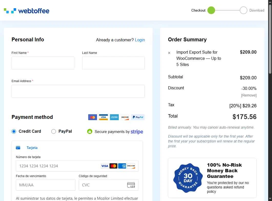 WebToffee checkout page showing WebToffee discount code box | Screenshot taken by SimplyCodes community member on May 15, 2025