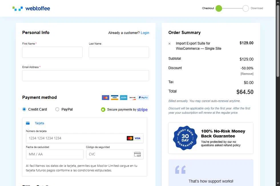 WebToffee checkout page showing WebToffee discount code box | Screenshot taken by SimplyCodes community member on Sep 23, 2025