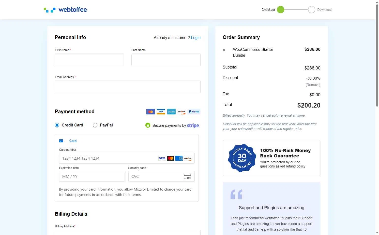 WebToffee checkout page showing WebToffee discount code box | Screenshot taken by SimplyCodes community member on Sep 10, 2025