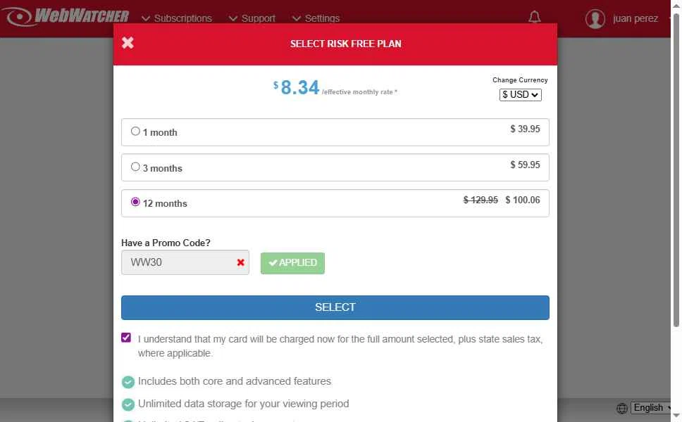 WebWatcher checkout page showing WebWatcher promo code box | Screenshot taken by SimplyCodes community member on Aug 26, 2025