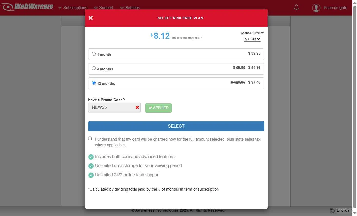 WebWatcher checkout page showing WebWatcher promo code box | Screenshot taken by SimplyCodes community member on May 15, 2025