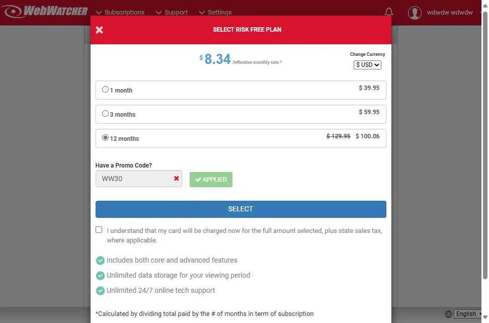 WebWatcher checkout page showing WebWatcher promo code box | Screenshot taken by SimplyCodes community member on Oct 23, 2025