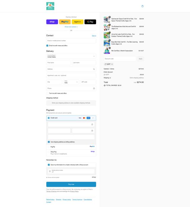 We Craft Box checkout page showing We Craft Box promo code box | Screenshot taken by SimplyCodes community member on Sep 15, 2025