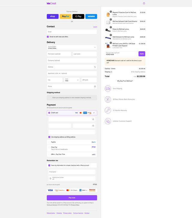 WeCreat checkout page showing WeCreat discount code box | Screenshot taken by SimplyCodes community member on Sep 3, 2025