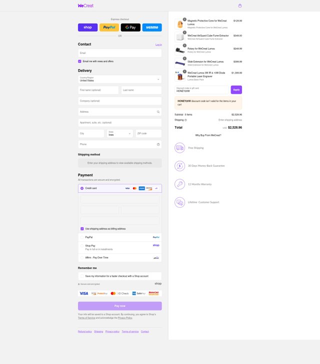 WeCreat checkout page showing WeCreat discount code box | Screenshot taken by SimplyCodes community member on Sep 3, 2025