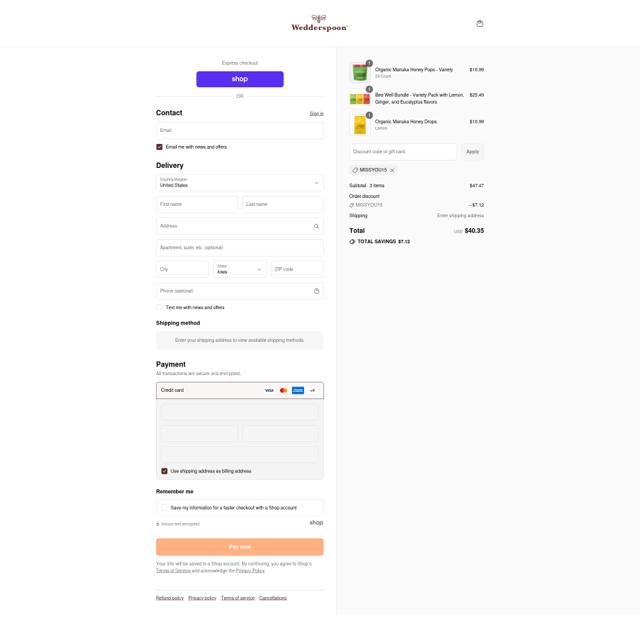 Wedderspoon checkout page showing Wedderspoon discount code box | Screenshot taken by SimplyCodes community member on Sep 13, 2025