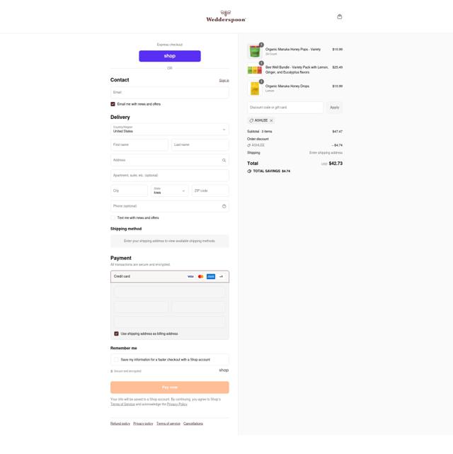 Wedderspoon checkout page showing Wedderspoon discount code box | Screenshot taken by SimplyCodes community member on Sep 13, 2025