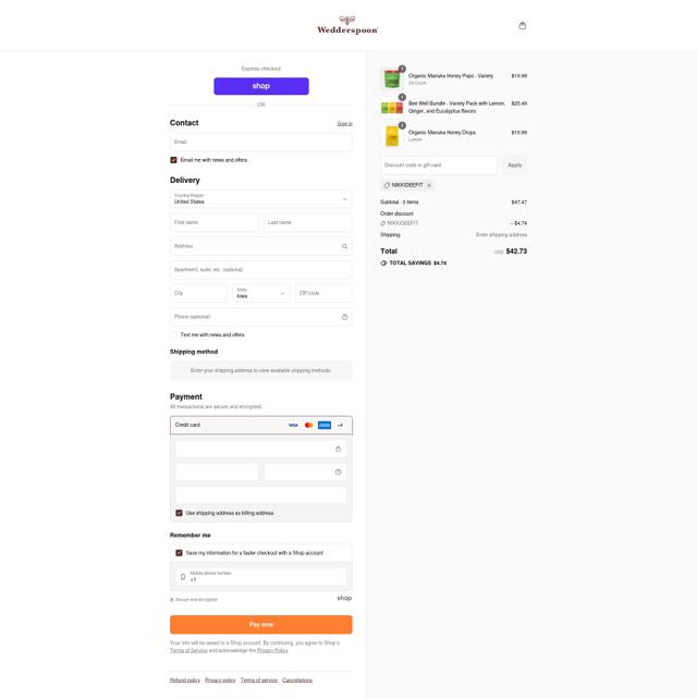 Wedderspoon checkout page showing Wedderspoon discount code box | Screenshot taken by SimplyCodes community member on Sep 13, 2025