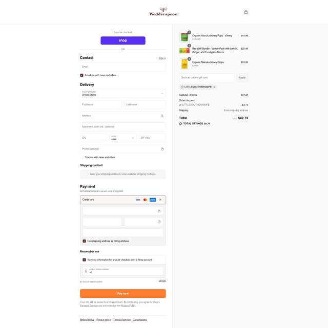 Wedderspoon checkout page showing Wedderspoon discount code box | Screenshot taken by SimplyCodes community member on Sep 13, 2025