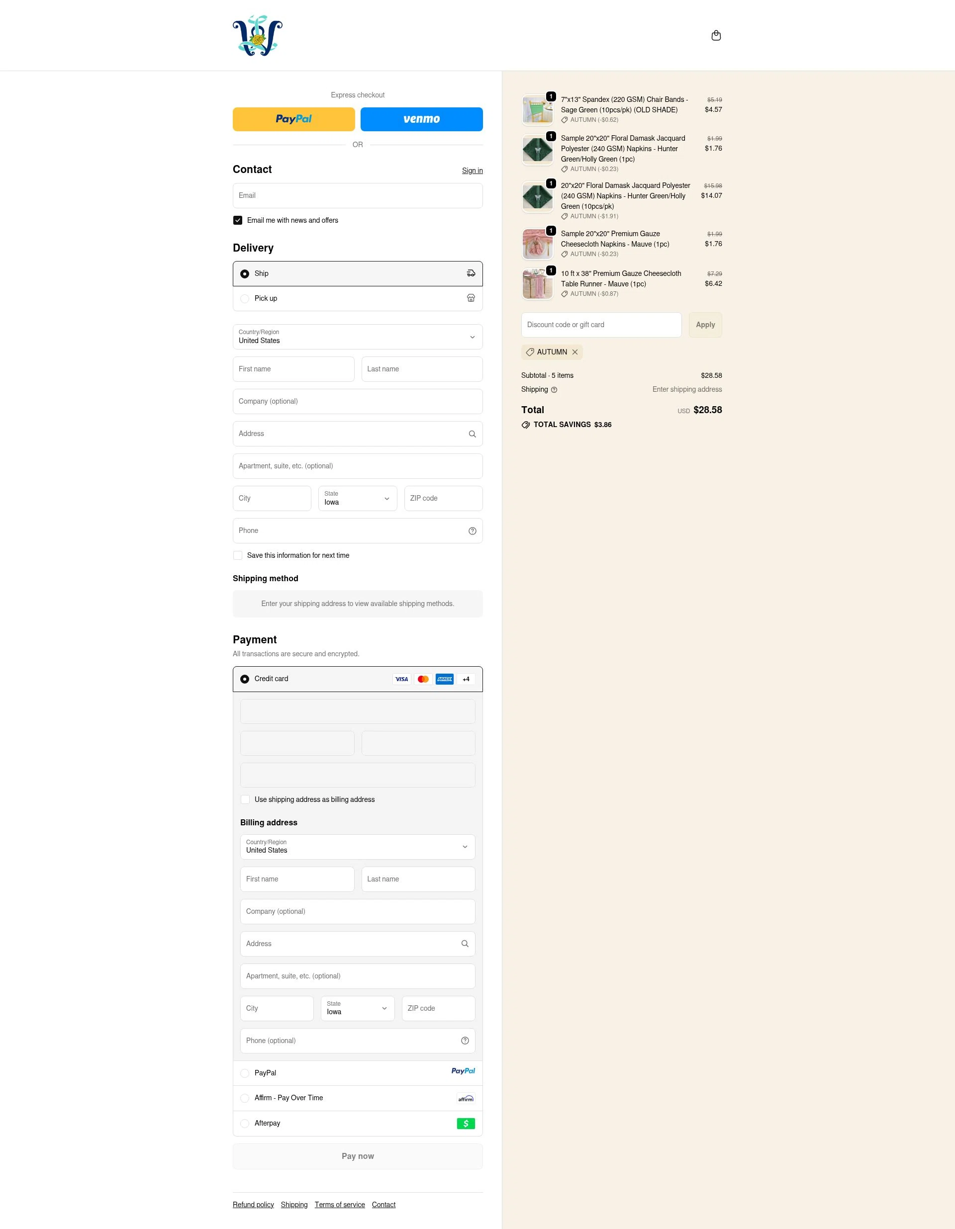 Wedding Linens Direct checkout page showing Wedding Linens Direct promo code box | Screenshot taken by SimplyCodes community member on Oct 2, 2025