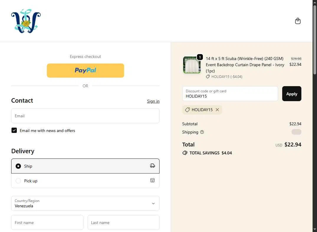 Wedding Linens Direct checkout page showing Wedding Linens Direct promo code box | Screenshot taken by SimplyCodes community member on Dec 15, 2025