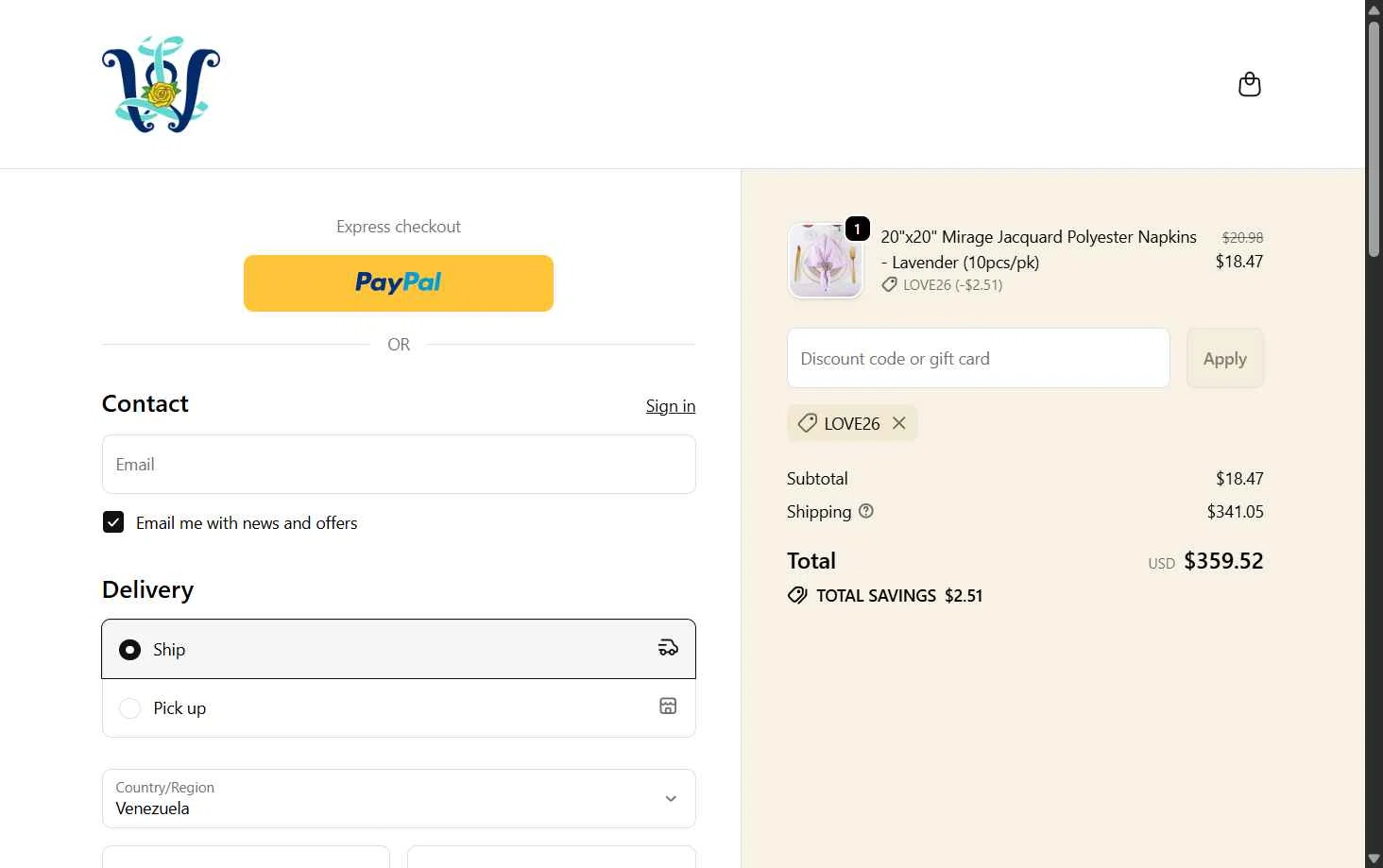 Wedding Linens Direct checkout page showing Wedding Linens Direct promo code box | Screenshot taken by SimplyCodes community member on Feb 7, 2026