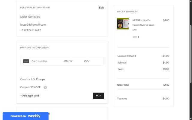 Weebly checkout page showing Weebly promo code box | Screenshot taken by SimplyCodes community member on Sep 6, 2025