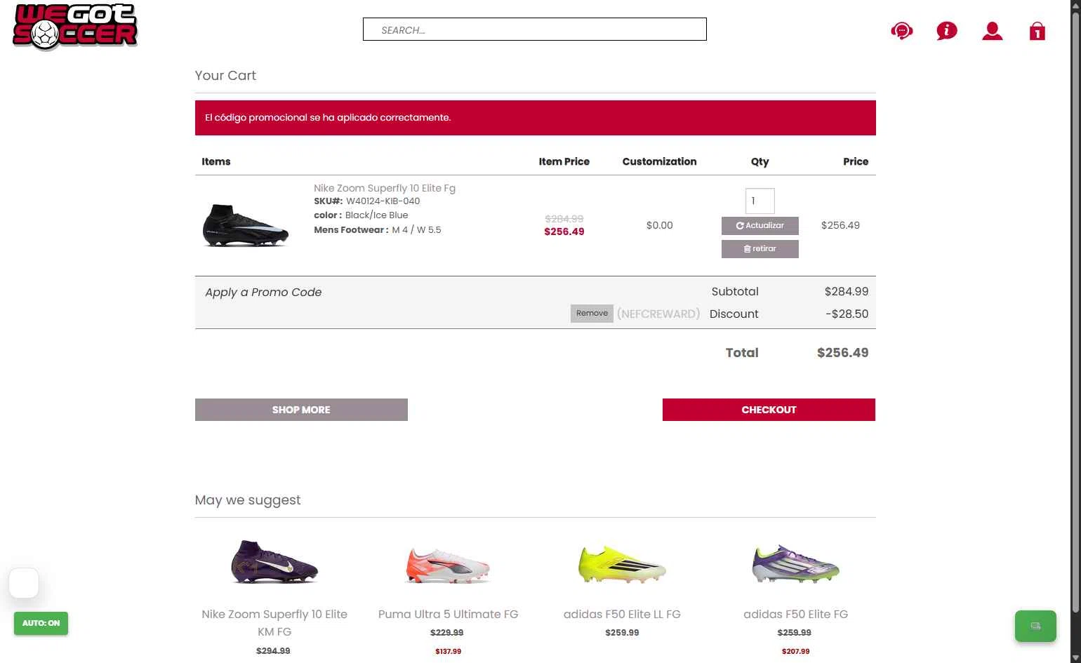 WeGotSoccer checkout page showing WeGotSoccer promo code box | Screenshot taken by SimplyCodes community member on Feb 10, 2026