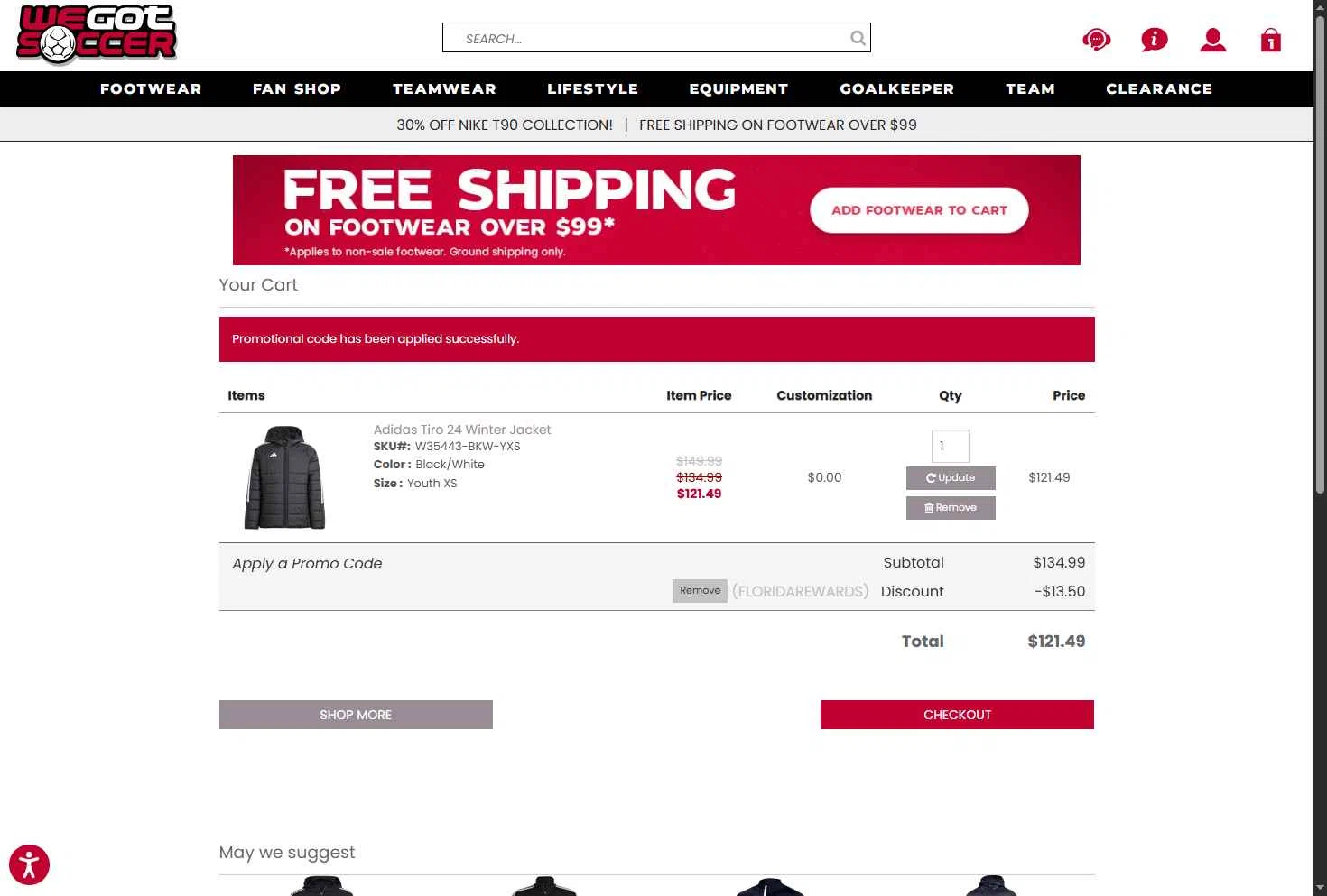 WeGotSoccer checkout page showing WeGotSoccer promo code box | Screenshot taken by SimplyCodes community member on Feb 9, 2026